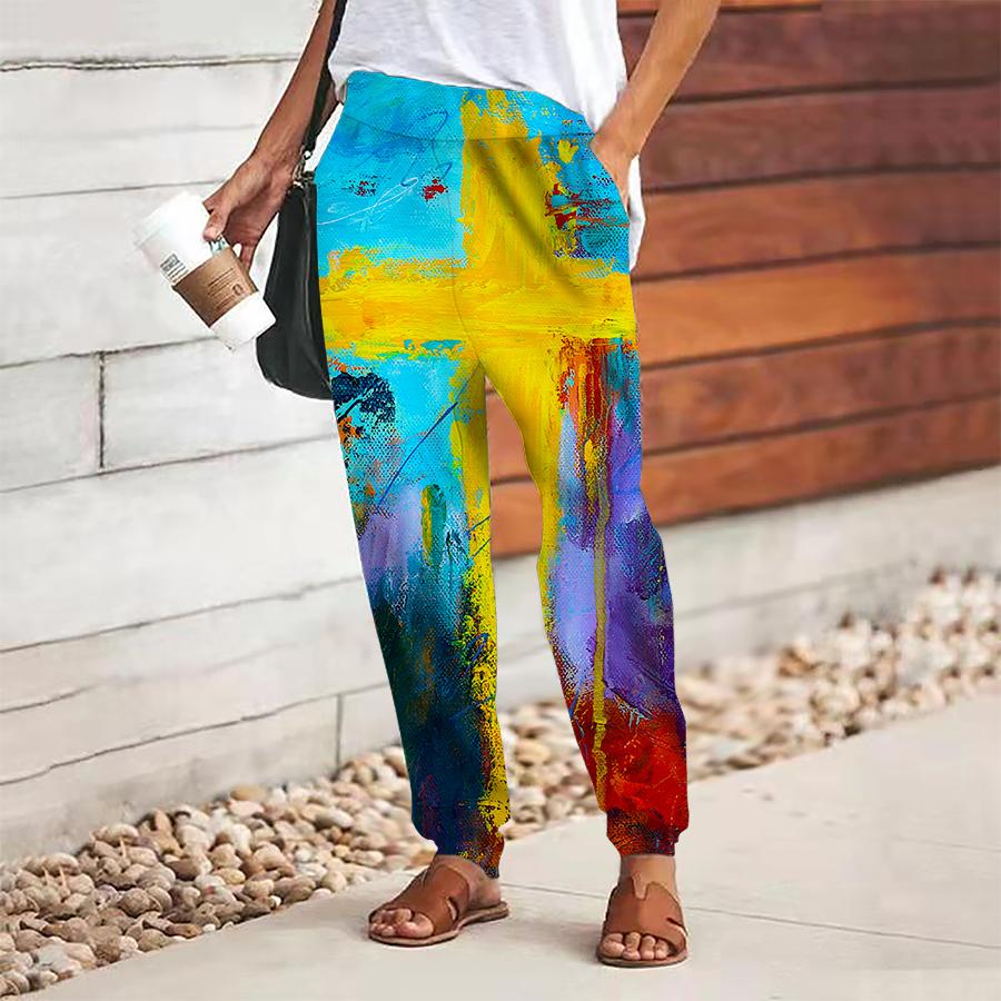 Women Abstract Printing Pants Lace Up Elastic Waist Loose  Trousers Casual Long Pants Trousers with Pockets