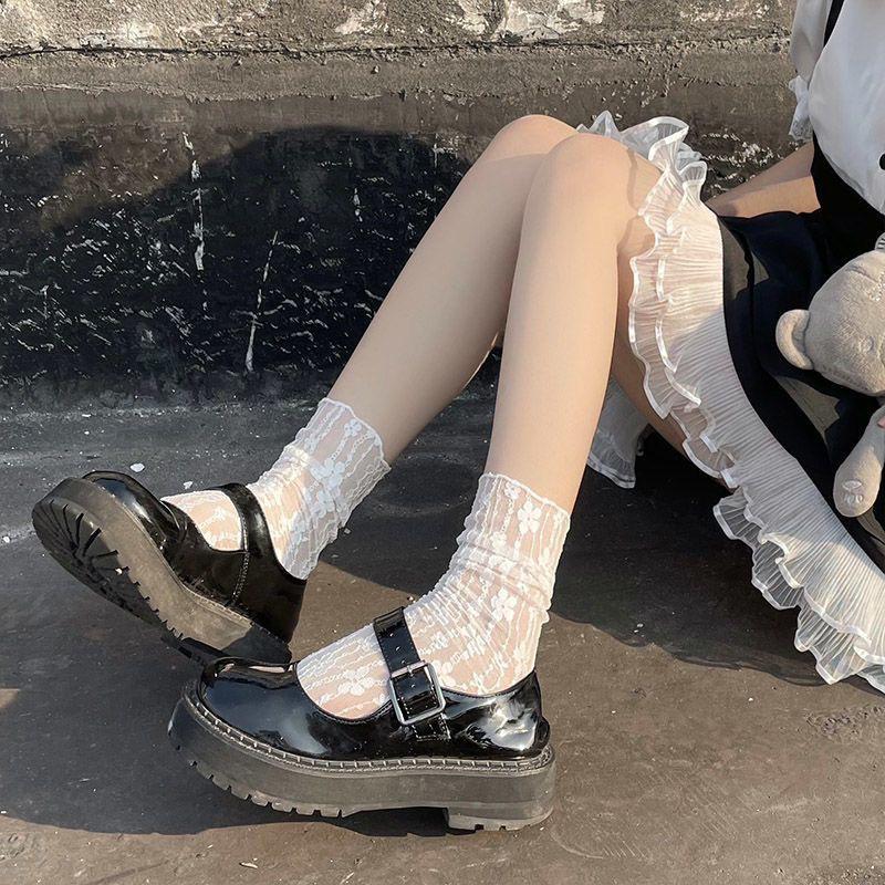 Women's White Lace Scrunch Mid-Calf Summer Socks - Mesh, JK Style, Ideal for Mary Jane Shoes