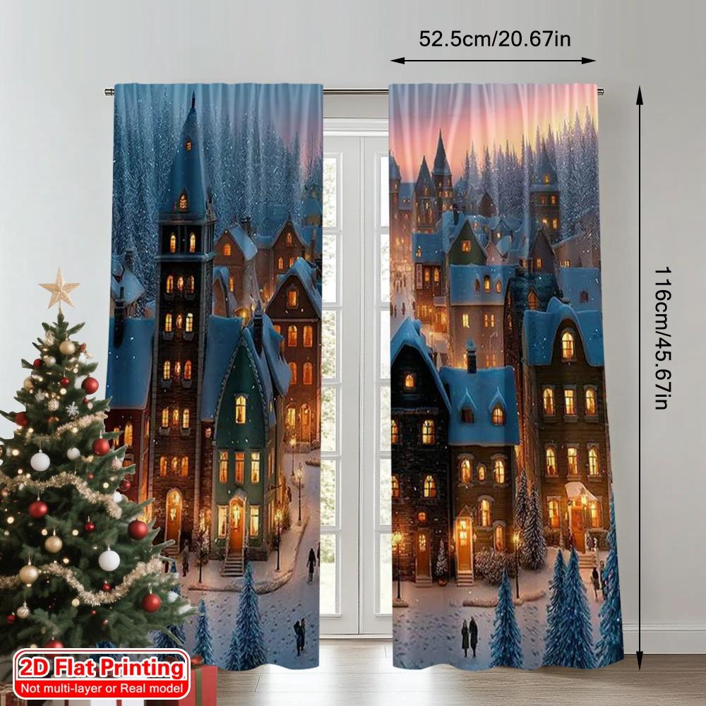 2pcs 2D flat printing Merry Christmas Popular Curtains Beautiful winter snow city 100% Polyester Without Electricity Festive