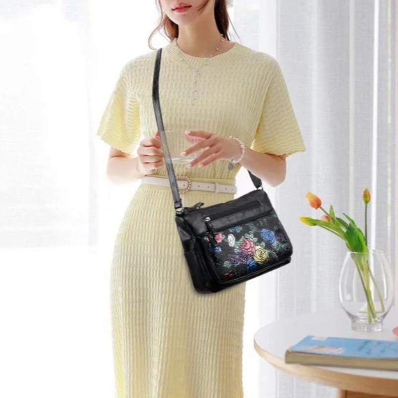 Fashion Rose Print Crossbody Shoulder Bag, Retro Black Leather Sling Purse with Multi-Pocket Design for Woman Shoulder Bags