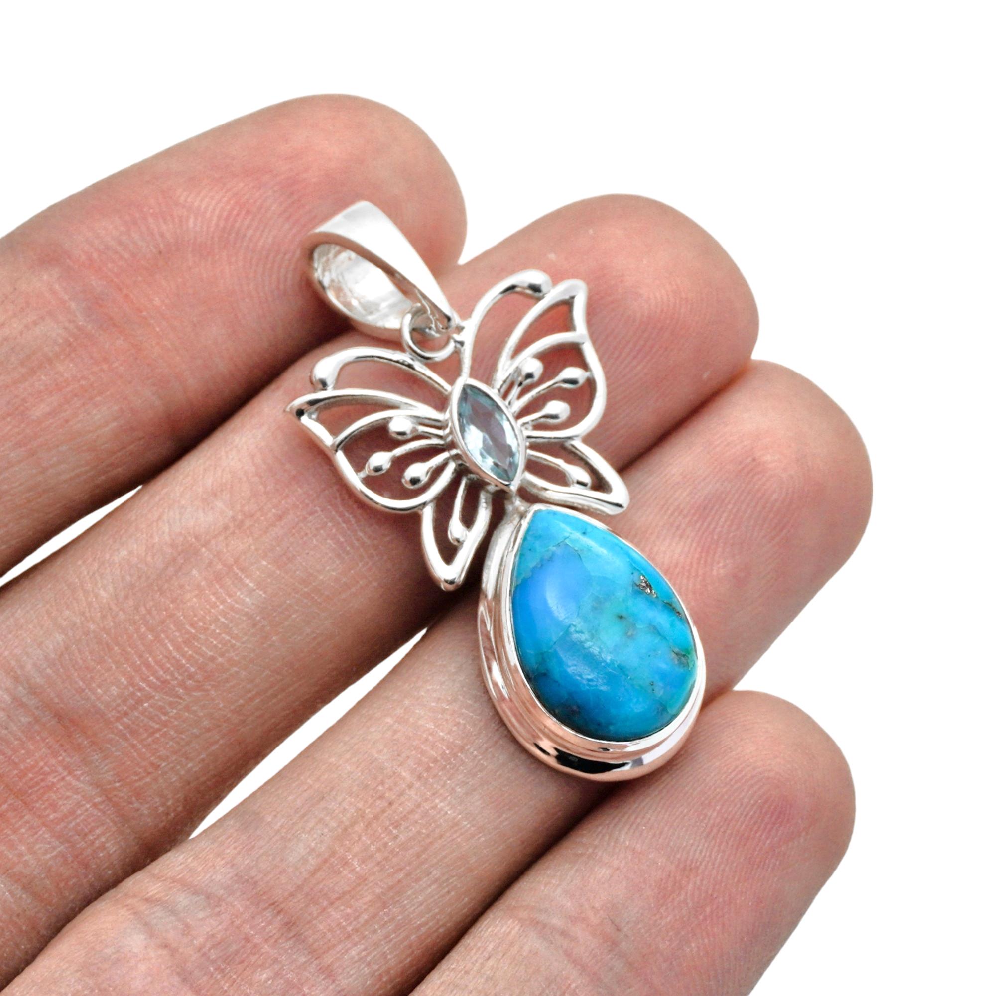 

Real Turquoise butterfly pendant, 925 silver topaz jewelry, womens pendant синій