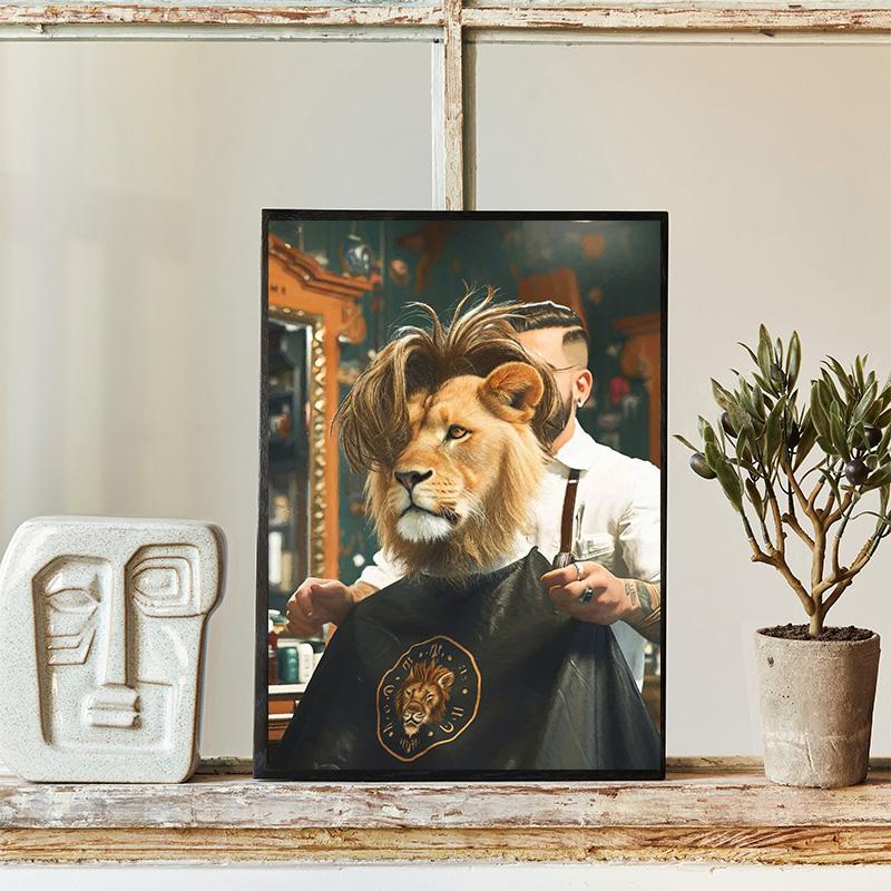 Funny Hairstyle A Lion At The Barbershop Hairdresser Art Poster Canvas Painting Wall Prints Picture Room Barbershop Home Decor