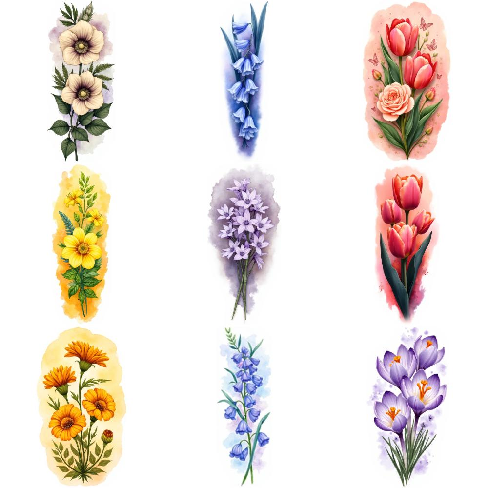 9 шт. Временные Татуировки Цветные Реалистичные Желтые Цветы Цветочные Наклейки Тату Для Рук Мужских Плеч