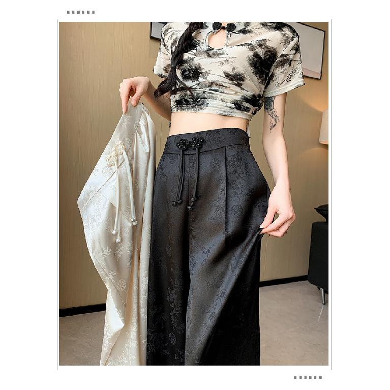 Chinese-style Faux Satin Jacquard Wide-leg Pants for Women, 2026 New Design, Niche High-waisted Slimming Casual Floor-length Trousers