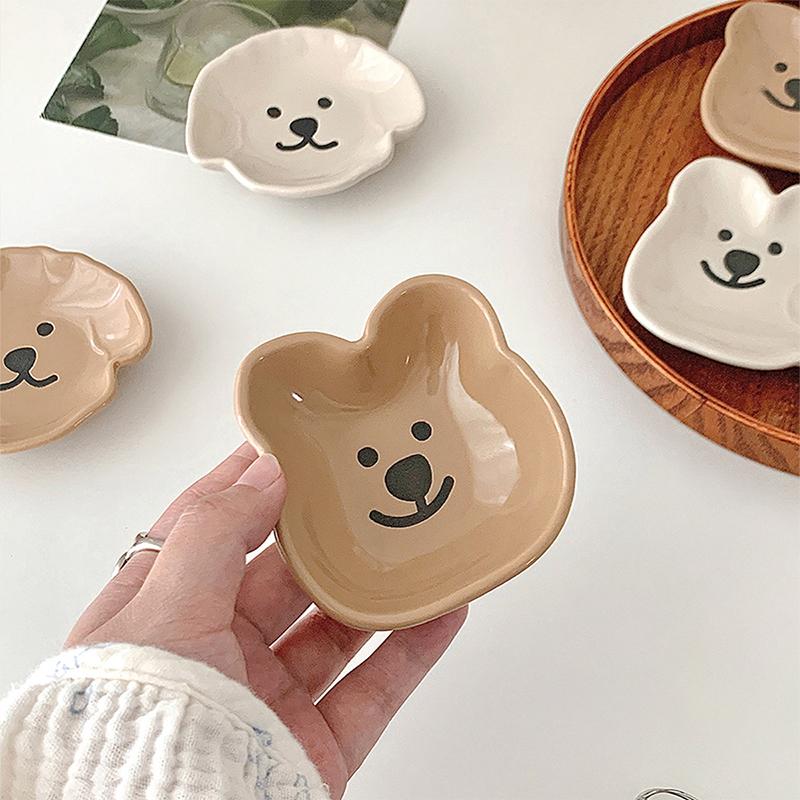 Adorable Ceramic Sauce Dish With Cute Dog & Bear Design - Single/Double Compartment Dip Bowl For Condiments, Snacks, Sushi, Soy