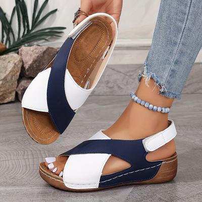 Damen Keilsandalen mit Kontrastfarbe Peeptoe Slingback Weiche Sohle Schuhe Bequeme Outdoor Sommersandalen Modeschuhe