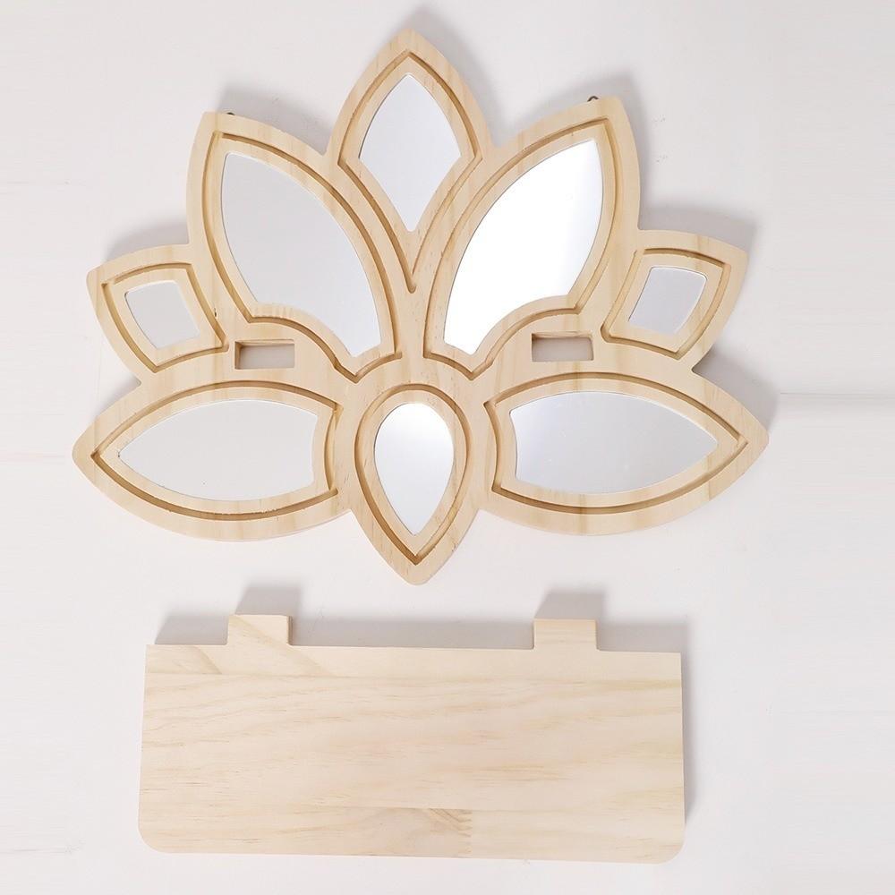 Creative Wooden Lotus Floating Shelf with Mirror Decorative Display Wall Shelf Detachable Crystal Display Rack Bedroom