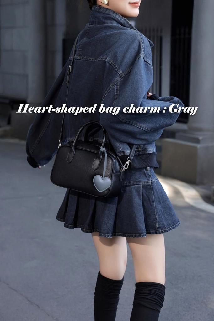 Heart-shaped bag charm keychain with black leather cord. Korean style. Women's bag decoration. Cute and stylish leather chain. A great gift for women.