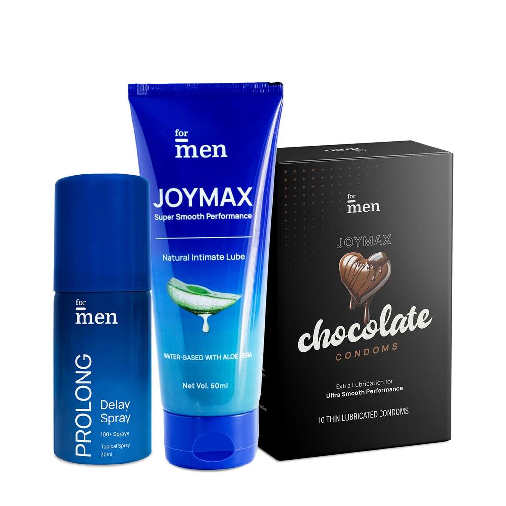 ForMen JOYMAX Chocolate Flavored Lubricated Condoms (10 Sheets) with Prolong Spray (30ml) and Water-Based Intimate Lube Gel (60ml) with Aloe Vera C