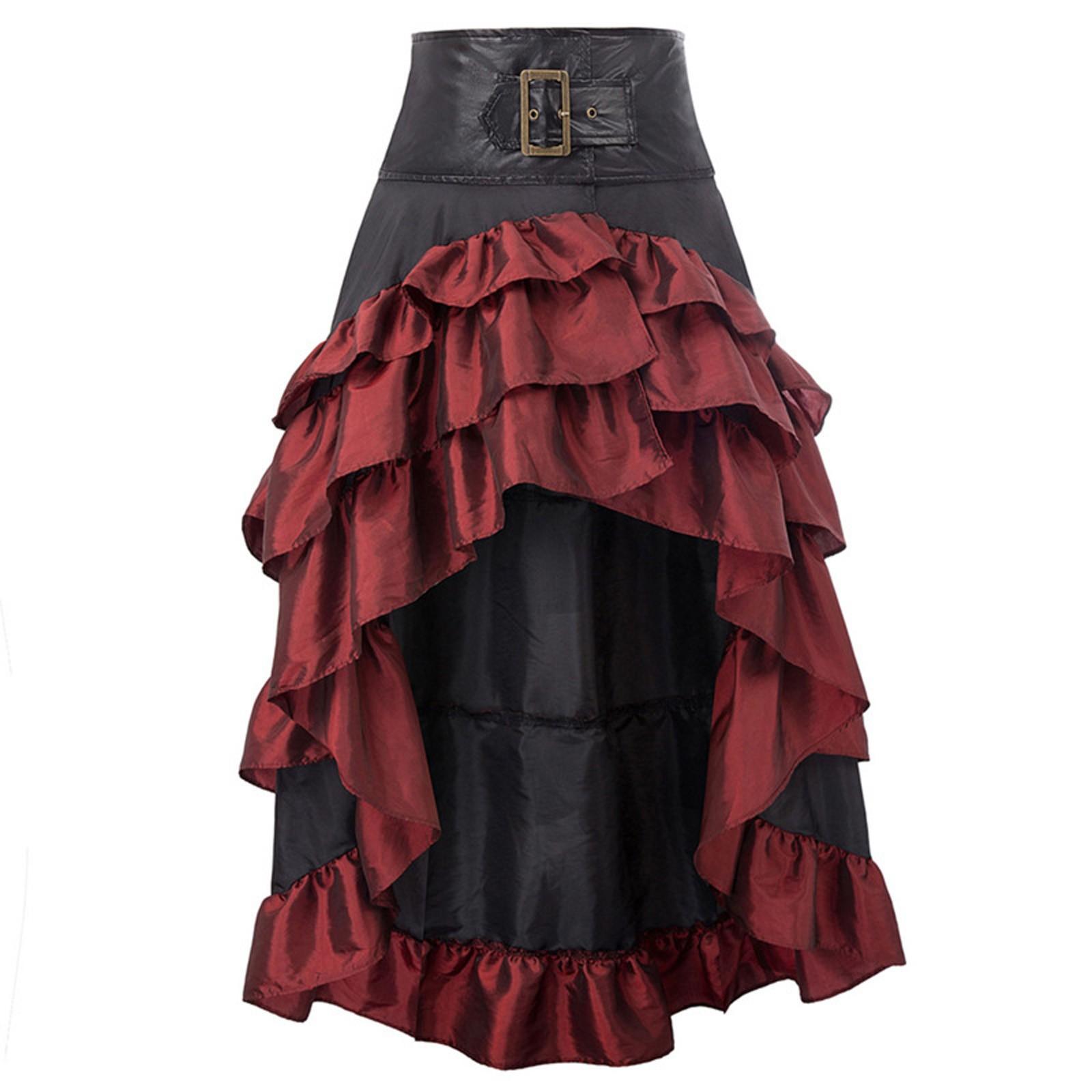 

Gothic Dark Vintage High Waist Short Front Back Long Irregular Ruffle Edge Spliced Skirt XXL червоний