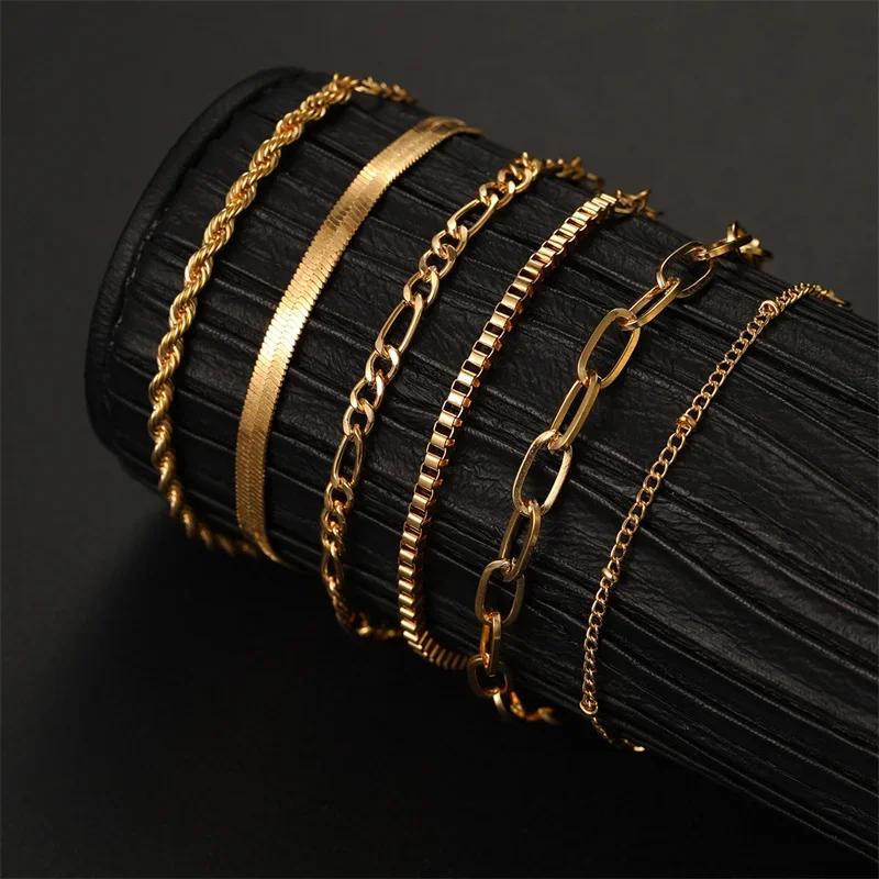 6Pcs Minimalist Gold Color Bracelet Set For Women Boho Retro Thick Twist Cuban Chain Bracelet Trendy Quality Jewelry Party Gifts