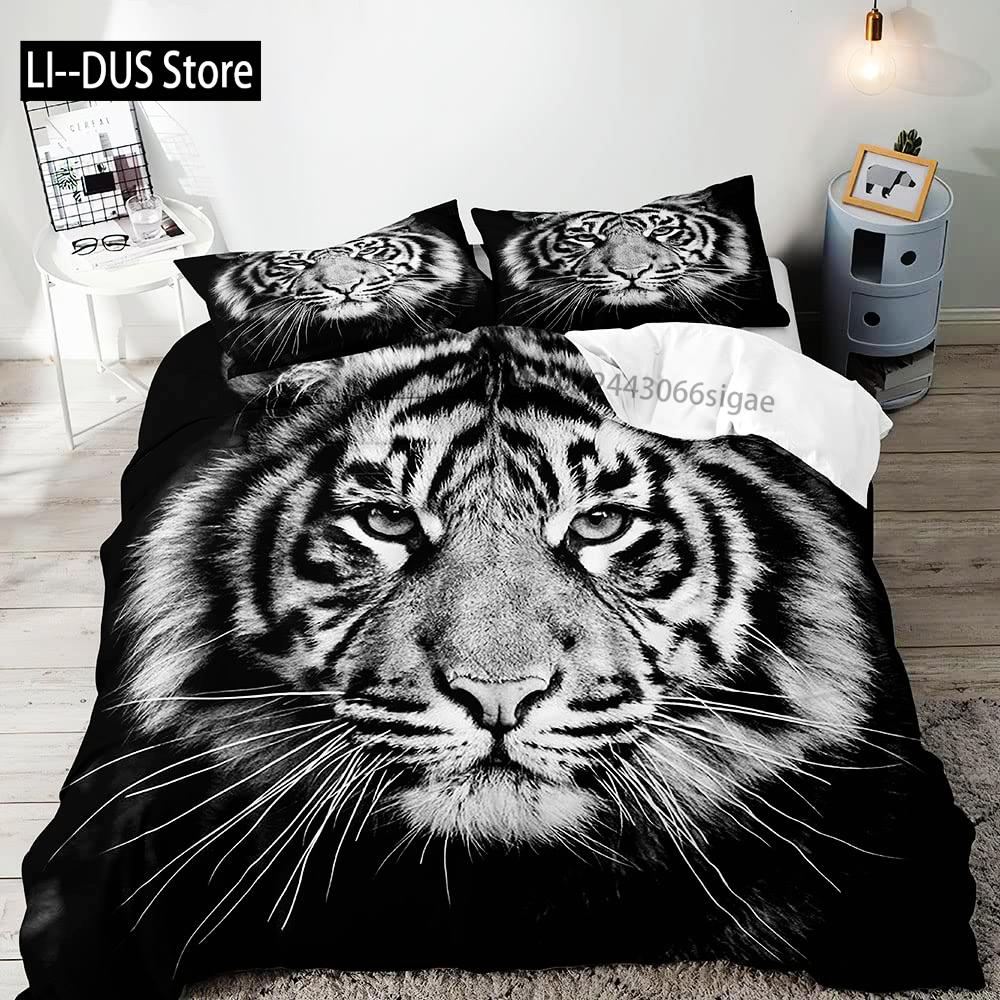 3PCS Lion King & Queen Bedding Set African Safari Animal Black Bedding Comforter Cover Bedroom Decor for Couples Full Size