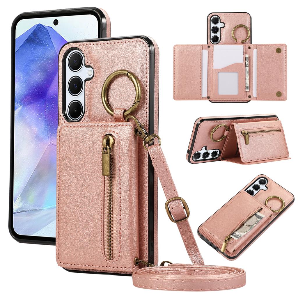 For Samsung Galaxy A16 4G Leather Back Cover Zipper Wallet Kickstand Phone Case with Shoulder Strap