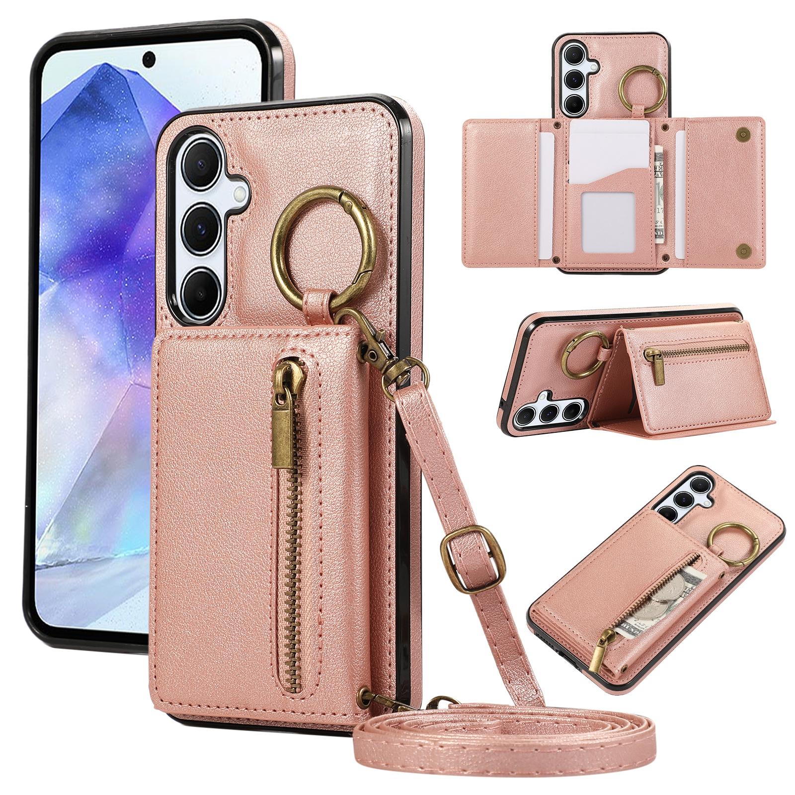 

For Samsung Galaxy S25/S24 Leather Back Cover Zipper Wallet Kickstand Phone Case with Shoulder Strap Pink
