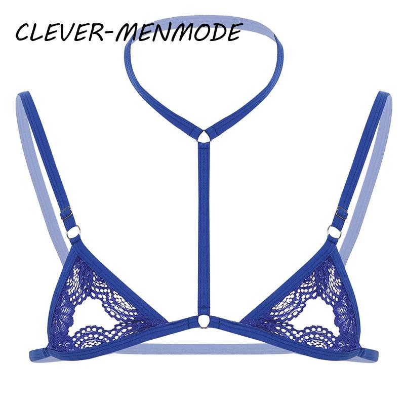 Sexy Mens Sheer Lace Lingerie Exotic Open Bras Gay Sissy Nightwear Halter Neck Adjustable Straps Wire-free Unlined Mini Bra Top