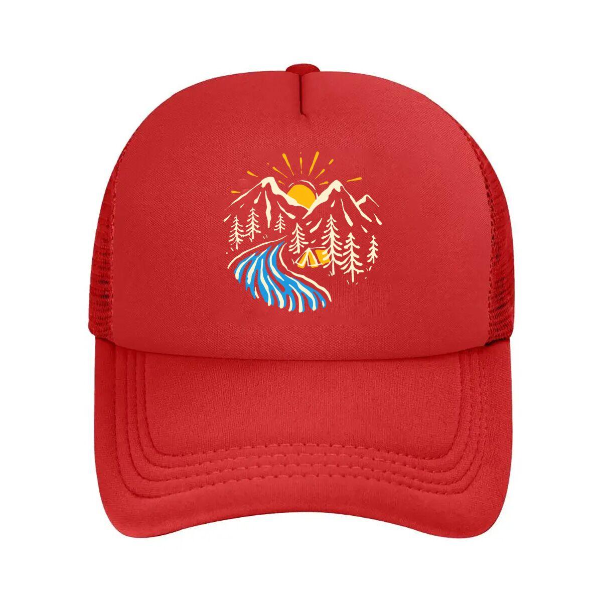 Sunlit Mountain River Forest Camping Tent Nature Scene  Mesh Baseball Cap Hip Hop Adjustable