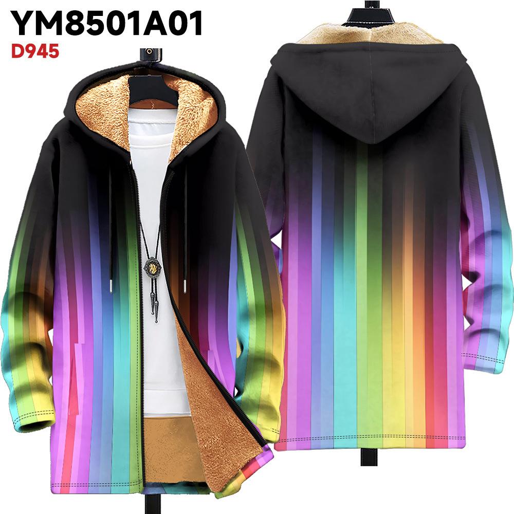 New Jacket: Multi-colored Pattern Elements, Zipper Hooded Cardigan, Thickened Winter Fleece Padded Clothes, Yellow Lining, Trendy Cotton Clothes