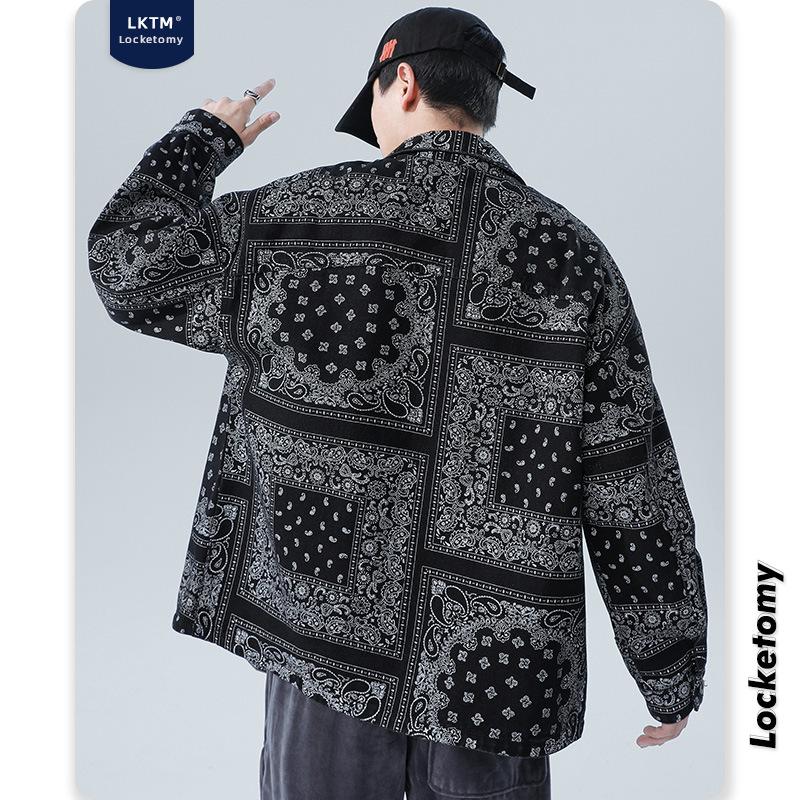 Men's Fashion Trend Street Printed Loose Denim Jacket Men's Trend Large Cashew Flower Casual Jacket