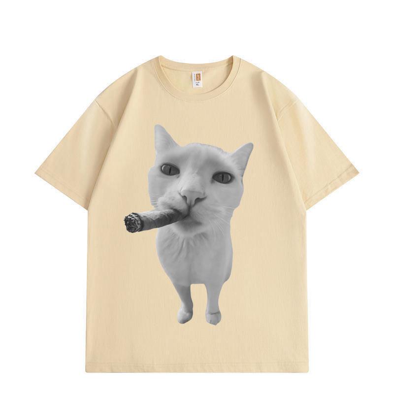 Cat Smoking Cigar Funny Meme Graphic T Shirts Men Women Fashion Vintage Short Sleeve T-shirts Summer Loose Cotton T-shirt