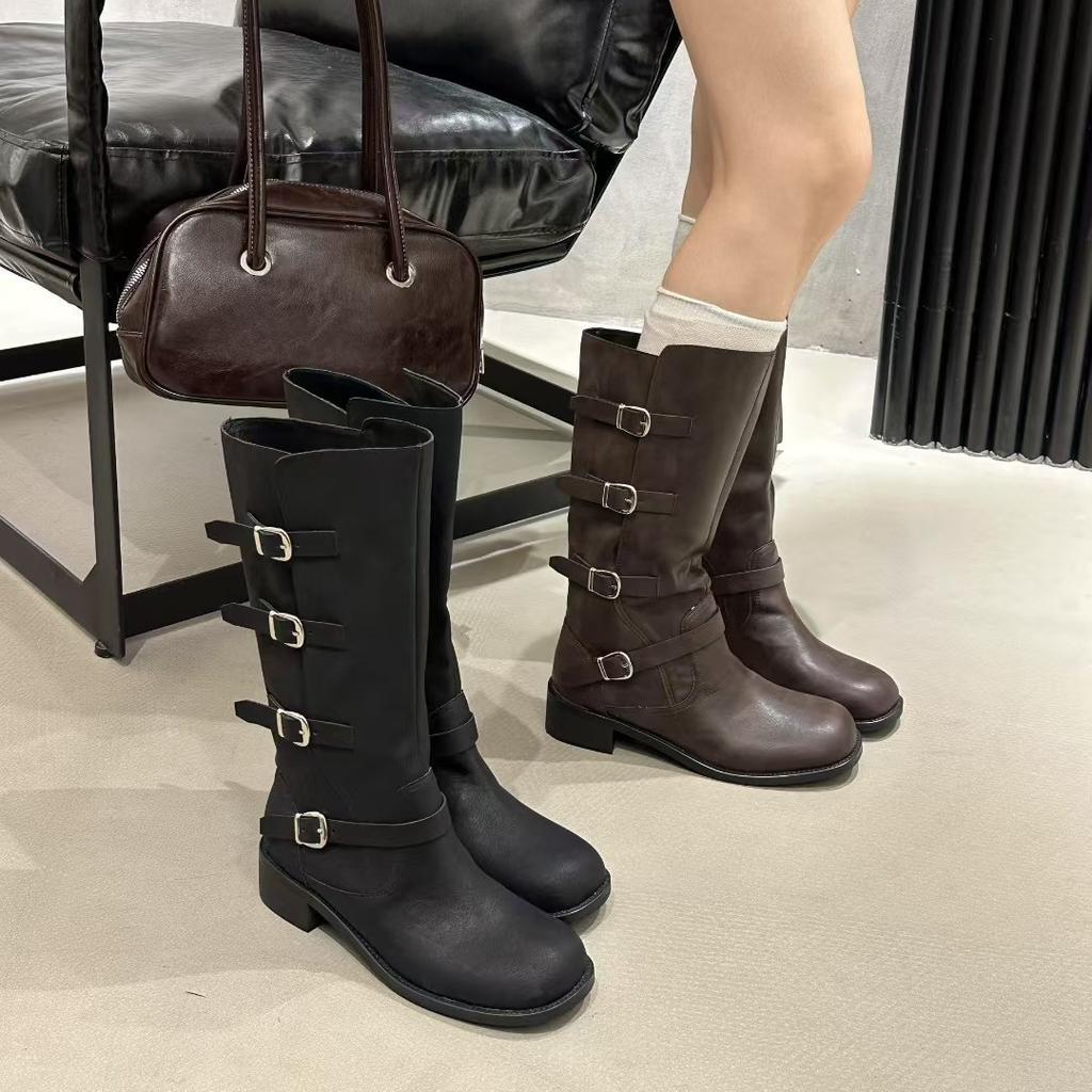 British Style Retro Belt Buckle Knight Boots 2025 New Wide with Martin Boots One Pedal Thick Heel Thick Sole Medium Boots