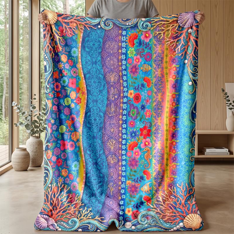 Ocean Floral Art Theme blanket Lightweight Warm Flannel Blanket Decorative Throw Blanket for Home Decoration