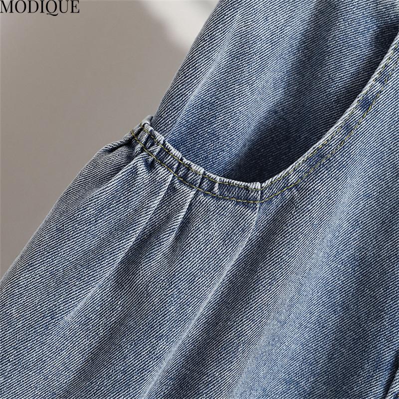 MODIQUE 2025 New Plus Size Summer Women Casual Vintage A-Line Fusta lungă din denim cu talie înaltă Doamnelor largi culoare solidă Fusta albastru învechită