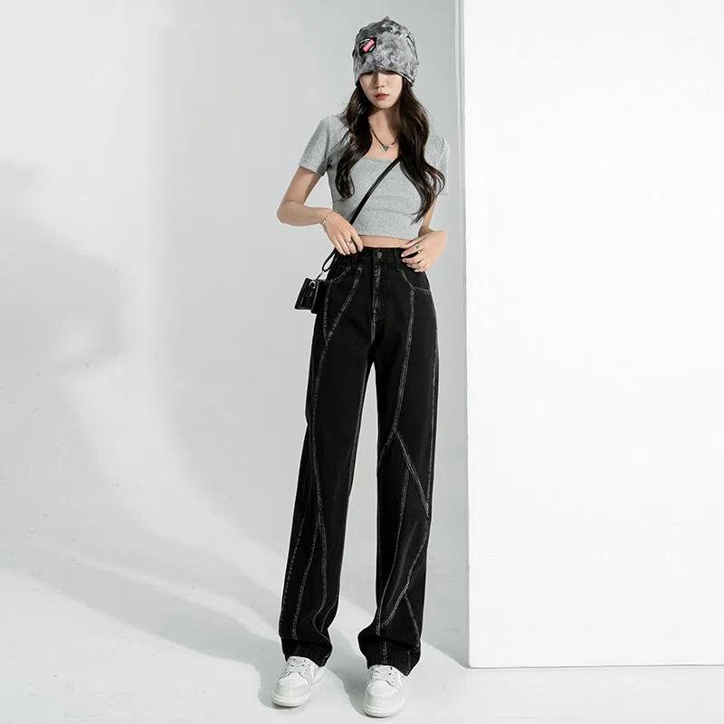 Women s High-Waisted Patchwork Wide-Leg Jeans - Spring 2023 Collection 2XL чёрный