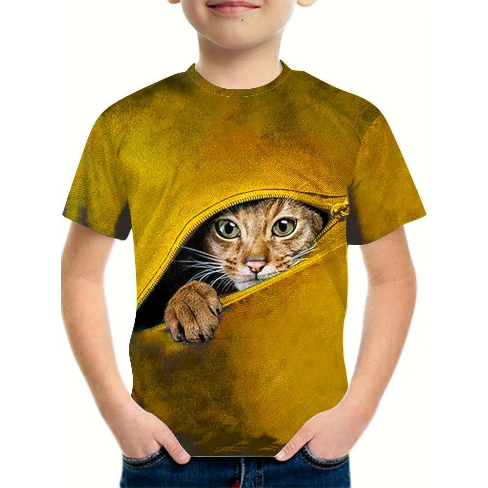 Pojkes dragkedja Katt Grafisk T-shirt för barn Mode kortärmade toppar Pojke Tjej T-shirt Djur 3D-tryckt sommar barnkläder