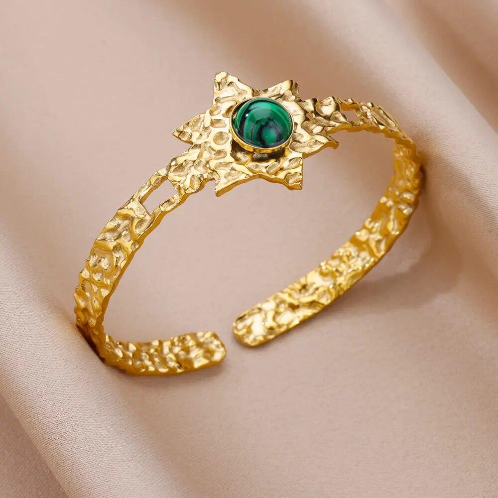 Artificial Green Stone Stainless Steel Cuff Bracelet for Women Gold Color Bangle Bracelets Female Vintage Jewelry Accessories
