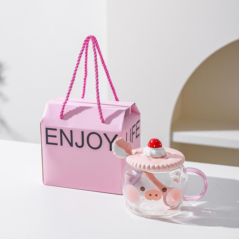 Creative Cute High Borosilicate Glass Mug Pink Girl Heart Gift Water Cup with Lid Spoon Pig Cat Cup