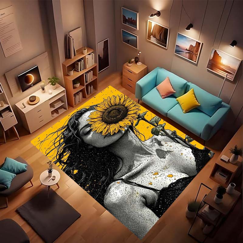 Customizable sunflower pattern non-slip rug, soft flannel, washable, non-slip backing, suitable for living rooms, bedrooms, bath