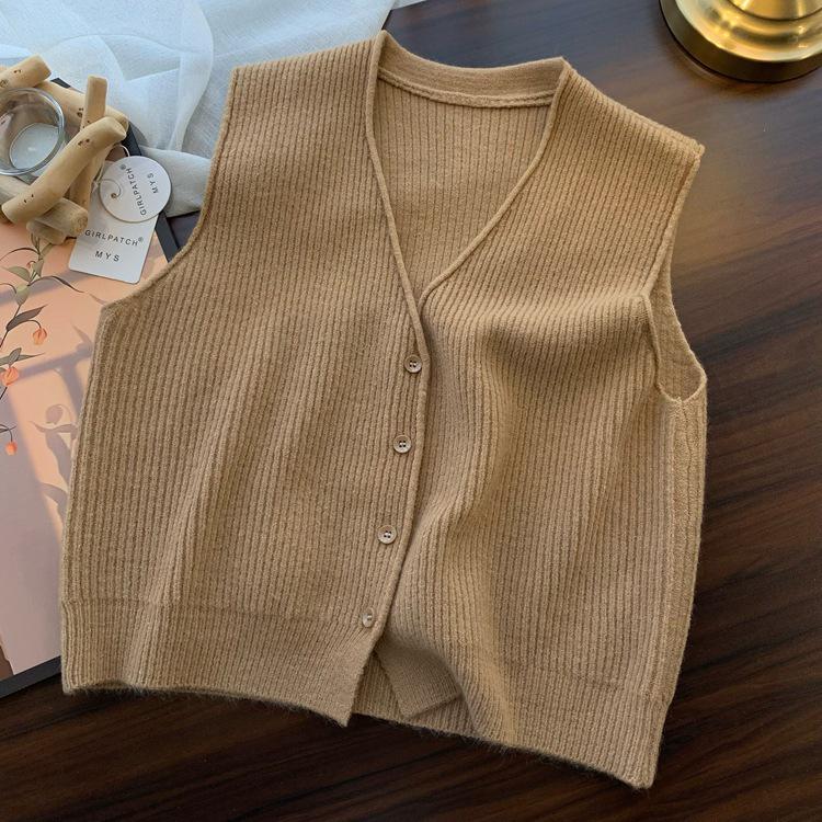 Autumn 2025 Korean Style V-Neck Loose Fit Sleeveless Cardigan Vest
