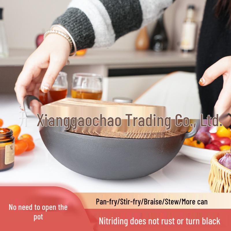 Traditional Double-Eared Cast Iron Pot - Round Bottom for Stewing & Stir-Frying On Gas or Firewood Stoves