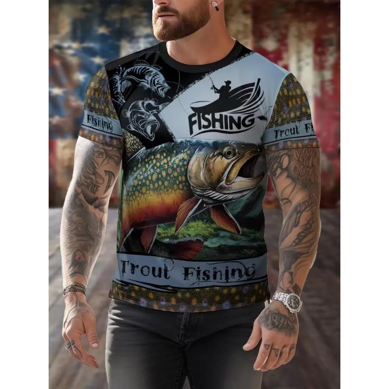 3D Trout Fishing Print T-Shirt For Men Fisherman River Scene Short Sleeve Tshirts Outdoor Hunting Casual Tee Shirt Top