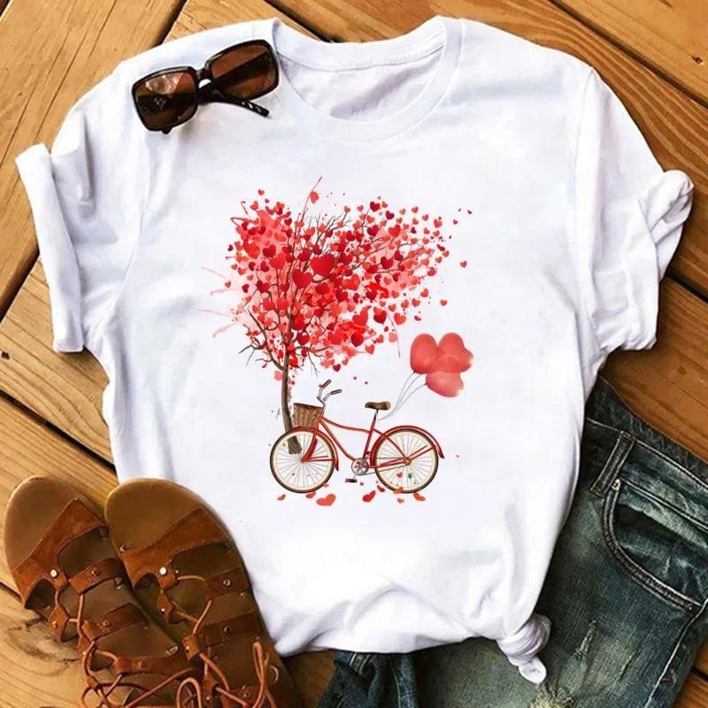 T-shirt Women Neck T-shirt Women T Shirt Love Flower Half Sleeve Cartoon White Letter Aesthetic Clothes
