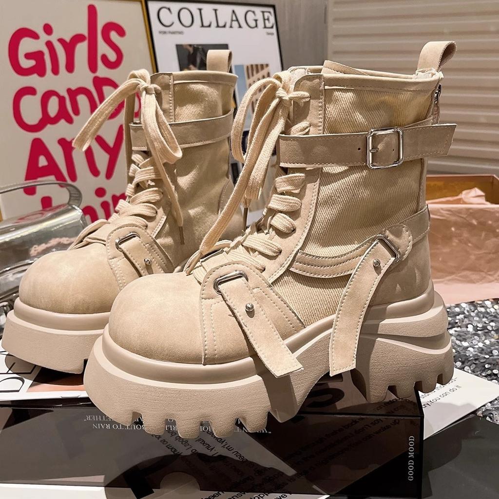 Martin Boots Damen ins super hot großer Kopf Denim Gürtelschnalle handsome kurze Stiefel dicksohlige Muffin Lokomotivstiefel Rhabarberstiefel