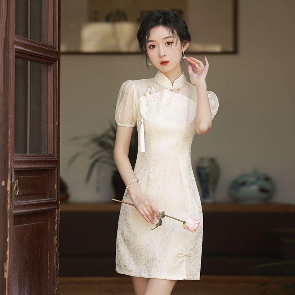 

Короткая юбка Cheongsam Вышивка Qipao Платье Темперамент Женщины Chi-pao Лето