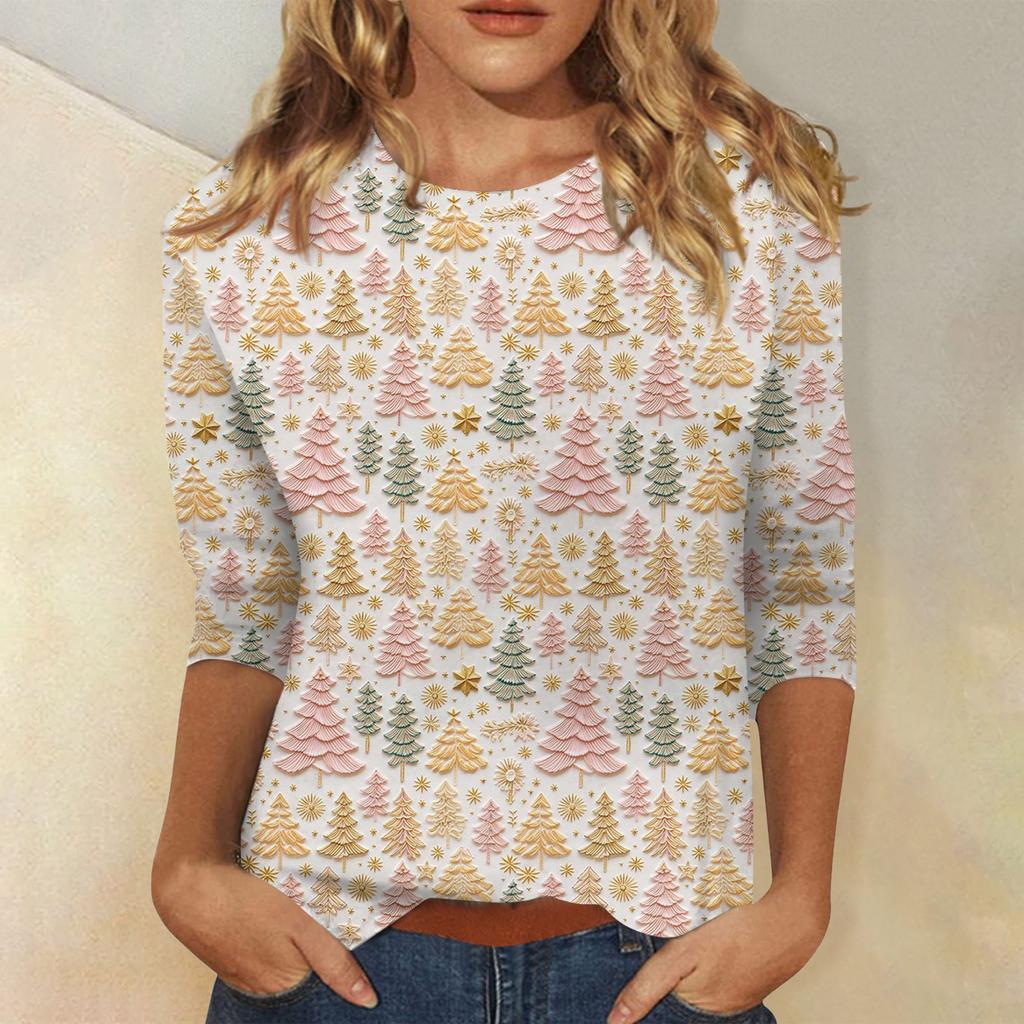 Women's Fashionable Casual Three-Quarter Sleeve Christmas Print Round Neck Top