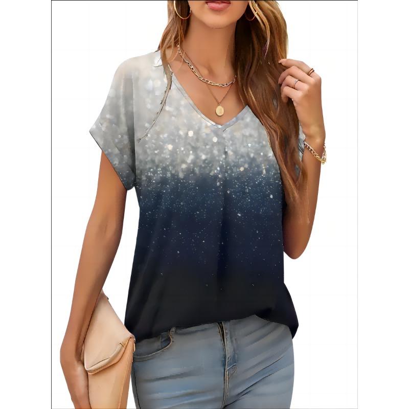 2026 New Summer Women T-shirt 3d Fashion Print Gradient Harajuku T Shirt Oversized Tee For Ladies Clothing New Short Sleeve V-Ne