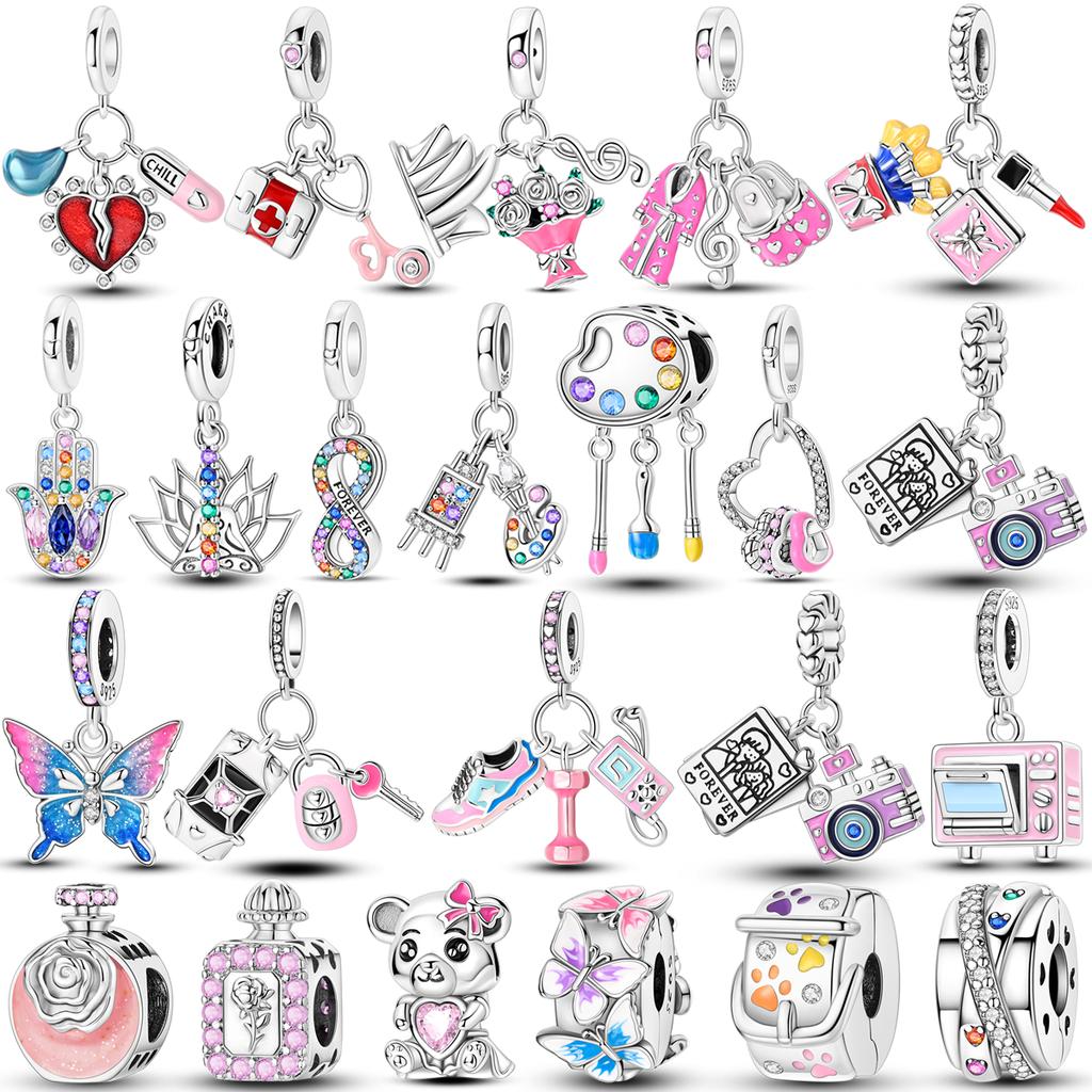 Copper Cz Zircon Charms Bead Pink Color Flower Colorful Drawing Board Pendants Fit Original Bracelet Diy Jewelry