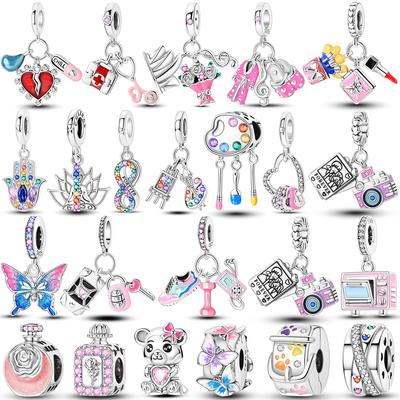 Copper Cz Zircon Charms Bead Pink Color Flower Colorful Drawing Board Pendants Fit Original Bracelet Diy Jewelry