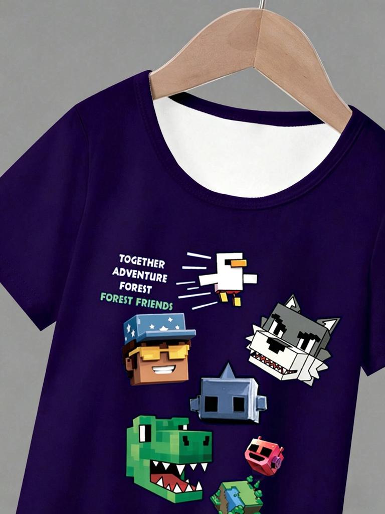 2 Pieces Boys Clothing Set, Summer Cool Pixel Game Graphic T-Shirt and All-Over Print Shorts, Kids Casual Outfits 8-12 Years