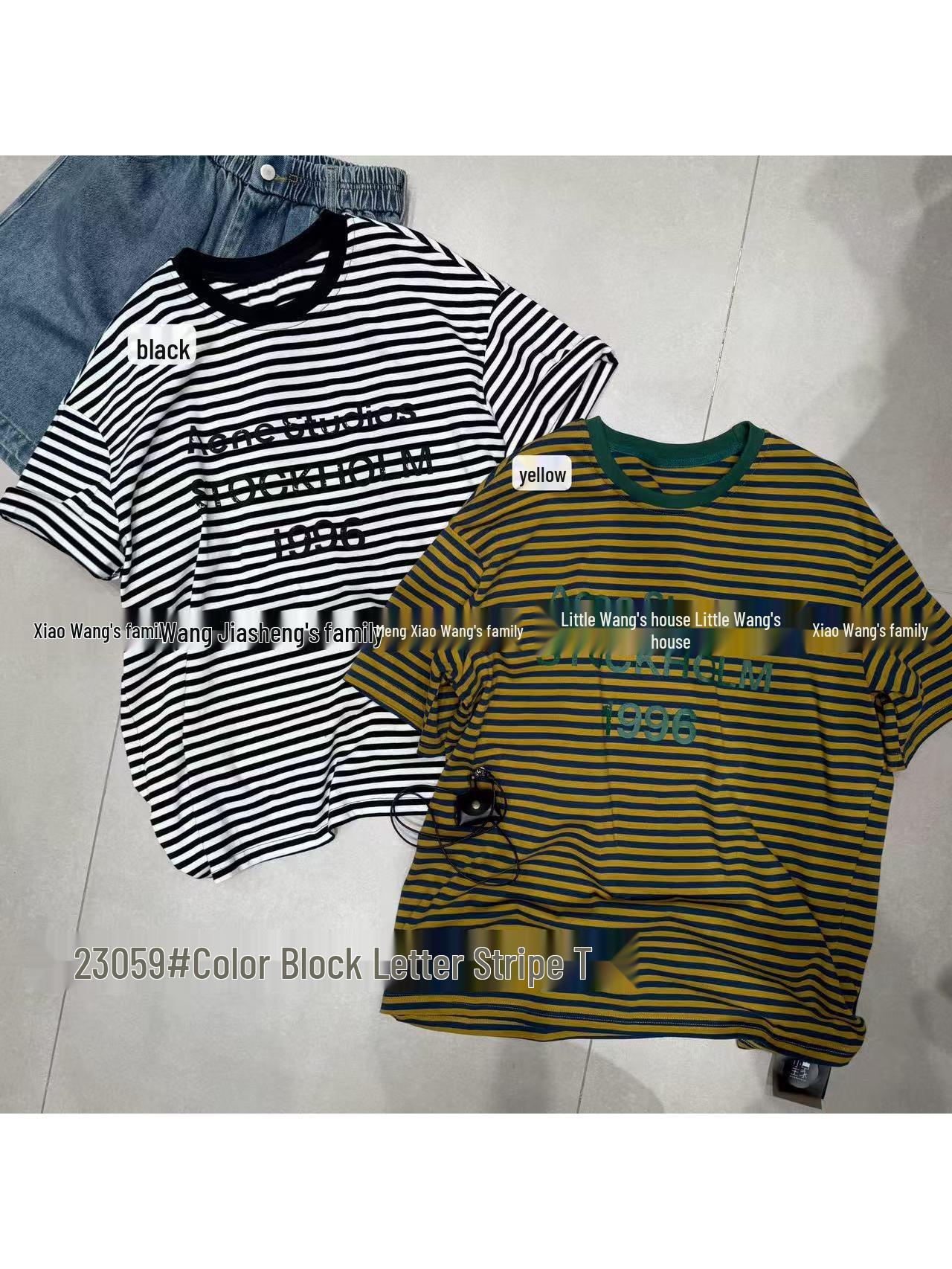 

Xiao Wang s New Spring Korean Style Loose Plus Size Casual Striped T-shirt with Letter Design One Size чорний
