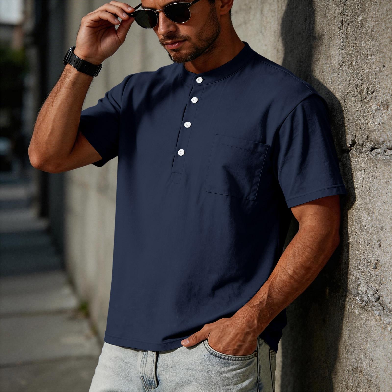 Men s Linen Casual Short-sleeved  Shirt With Pocket XXL тёмно-синий