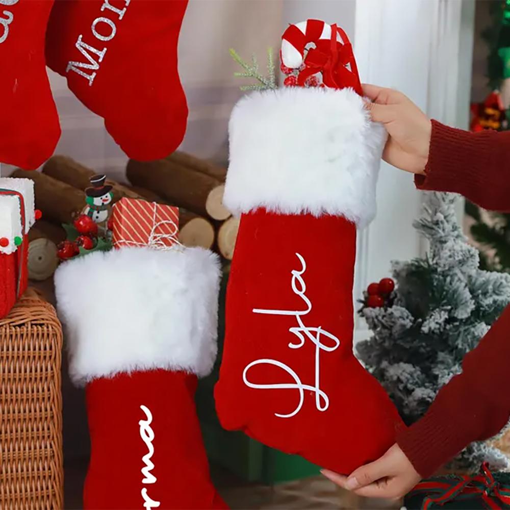 Custom Red Plush Christmas Stocking Knitted Family Christmas Candy Bag Red Plush Xmas Stocking Holiday Decor Santa Sack Kid Gift