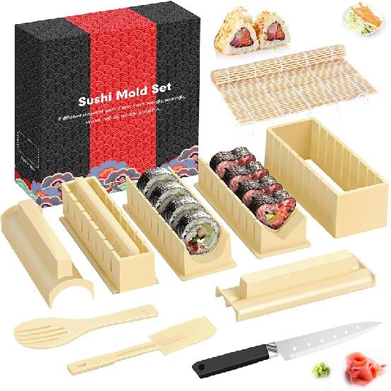 HI NINGER Sushi Making Kit Deluxe Edition Complete Sushi Maker Kit 12PCS Home Sushi Mold Press with Sushi Rice Roll Mold Shapes,Fork , Sushi