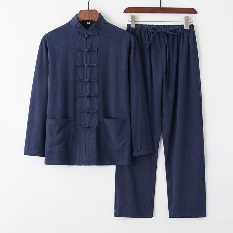Herren Langarm Baumwolle Leinen Tang Anzug - Retro Chinesischer Stil Geknöpftes Gewand für Mittelalte und Ältere, Ideal für Tai Chi.