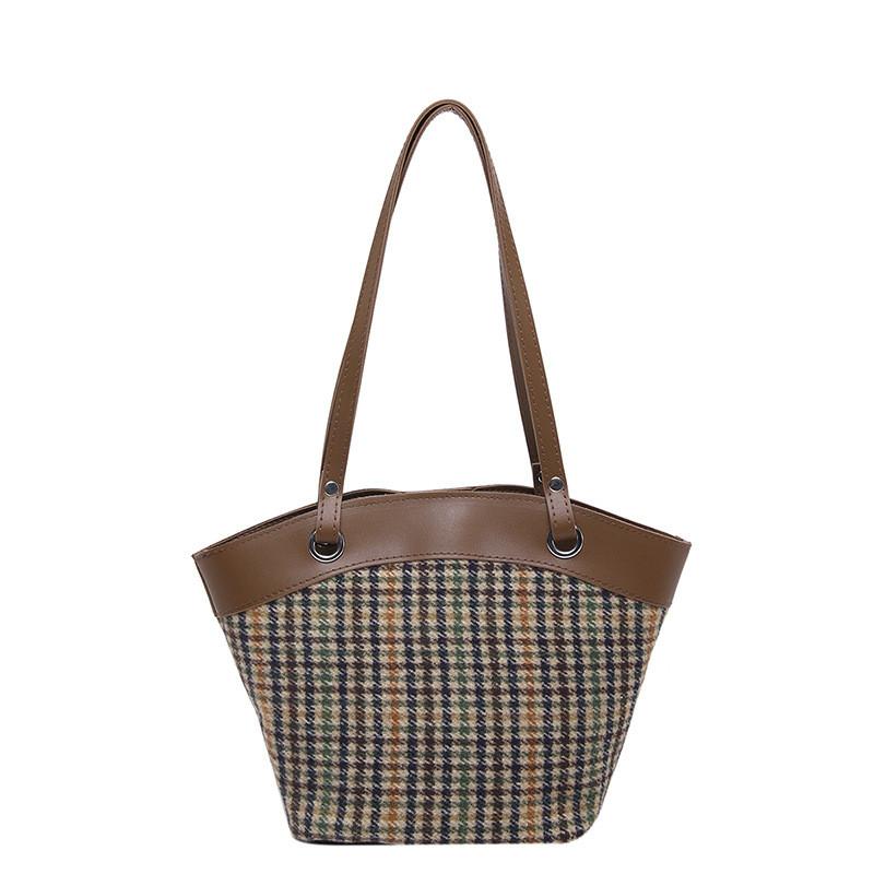 

Contemporary And Versatile Plaid Pattern Large Capacity Women s Bucket Handbag Coffee