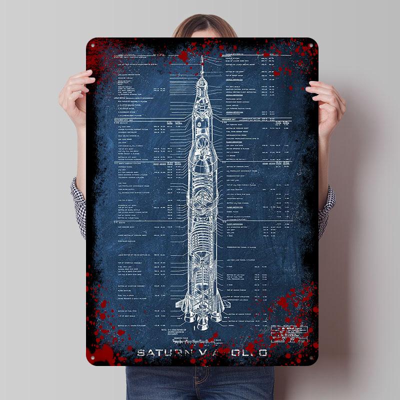Saturn V Apollo Printed Poster Customized Wall Art Retro Vintage Metal Tin Signs for Home Living Room Decorations Office Decor