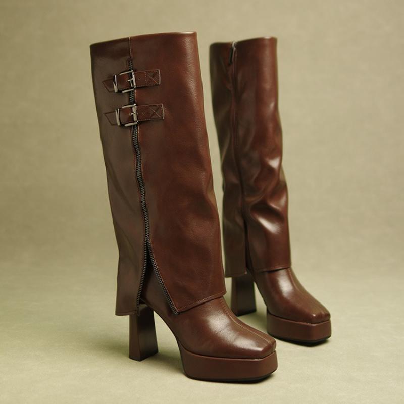 Winter Platform Thick Heel Woman Knight High Boots Fashion Belt Buckle Slip On Shoes Ladies Punk Style Modern Long Botas